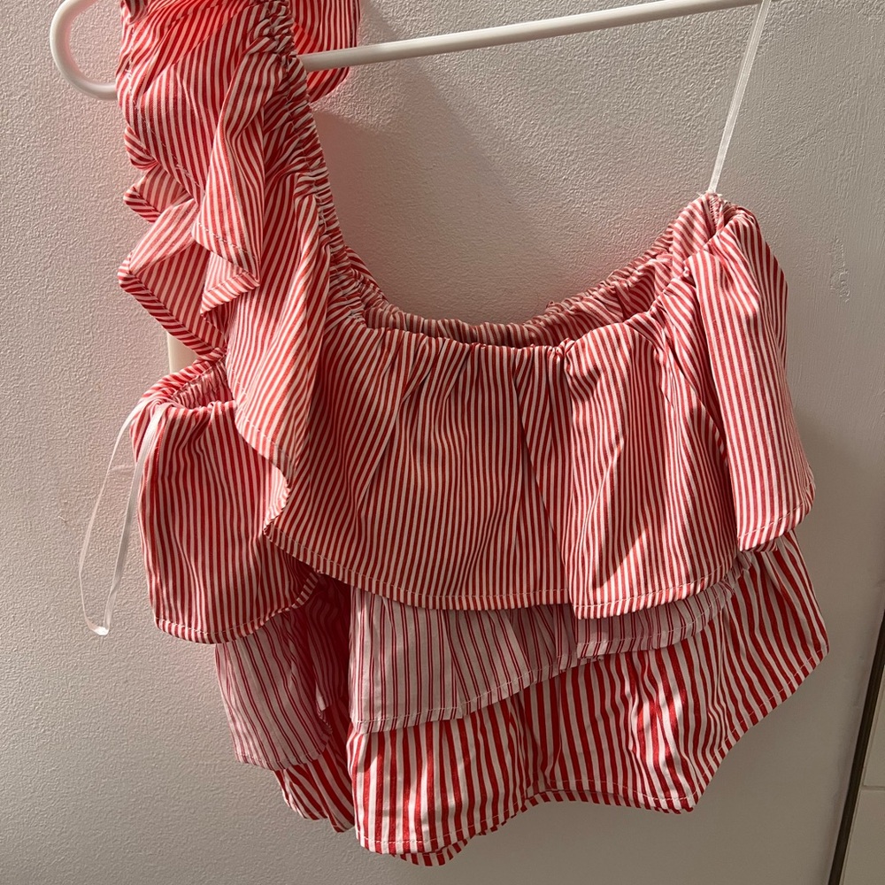 Vici Collection Red and white striped one shoulder top